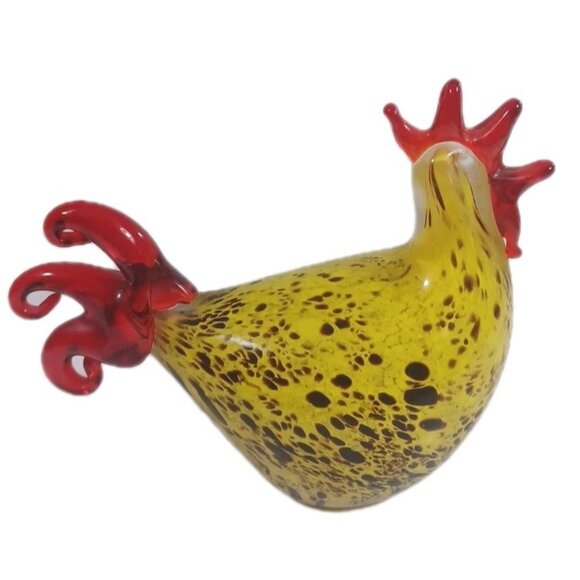 Murano Style Blown Italian Art Glass Yellow Speckled Rooster Hen Chicken Set - Picture 6 of 16
